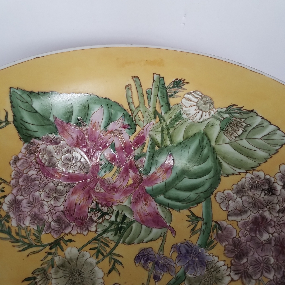 Vtg Oriental Accent Large Porcelain Bowl 13” Decorative Floral Yellow - Picture 4 of 12